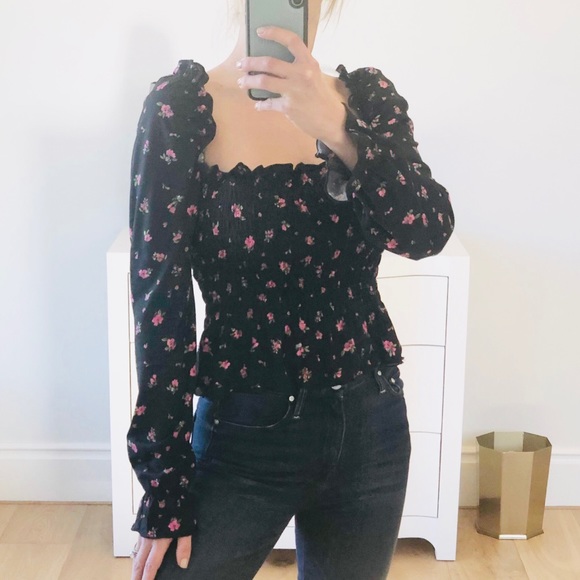LAST 1! Black Floral Print Long Sleeve Ruffle Top - Picture 3 of 6
